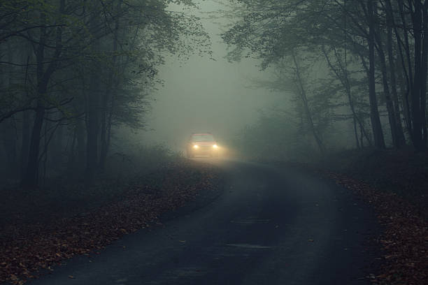 A lonely, back country road enveloped in mist. Two headlights in the distance reveal a car traveling towards the viewer.