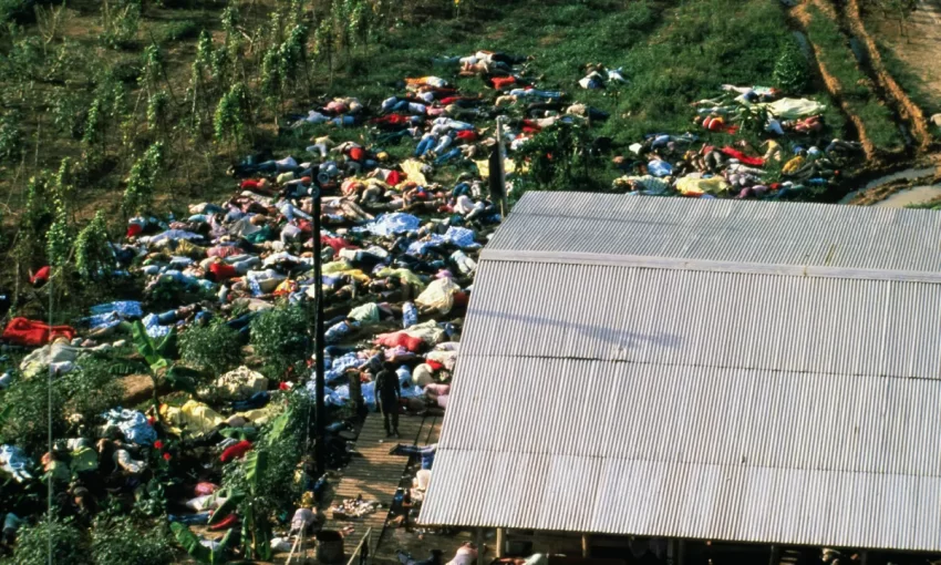 Hundreds of bodies litter the ground. One image of the aftermath of the Jonestown Massacre.