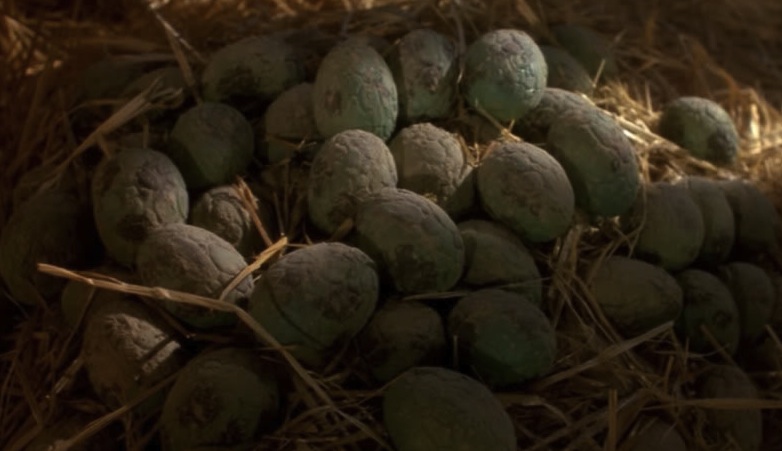 A pile eggs in hay. The eggs are green-with-black-spots.