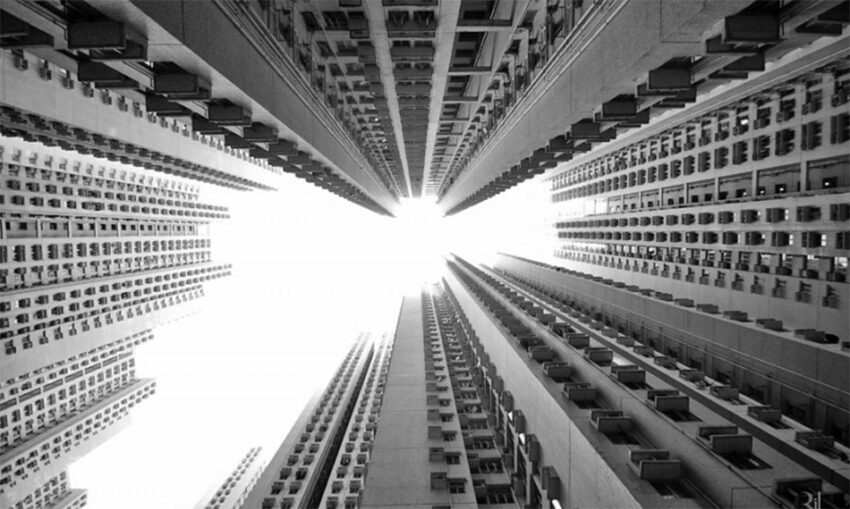 Skyscrapers as seen from the ground.