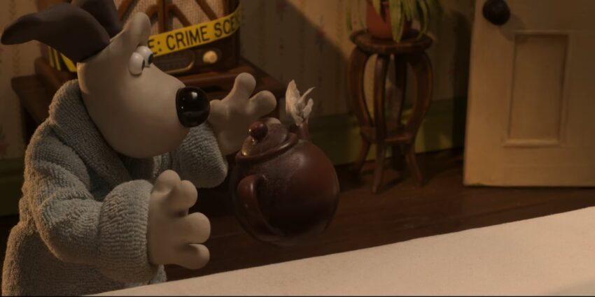 Gromit catches a falling teapot in Wallace & Gromit: Vengeance Most Fowl